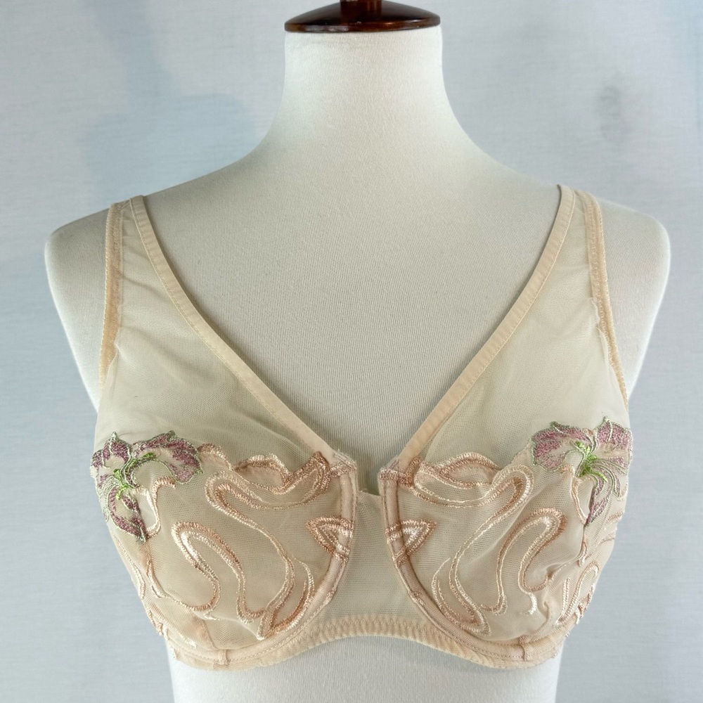 Louisa Bracq Beige French Designer Embroidered Underwire Mesh Bra